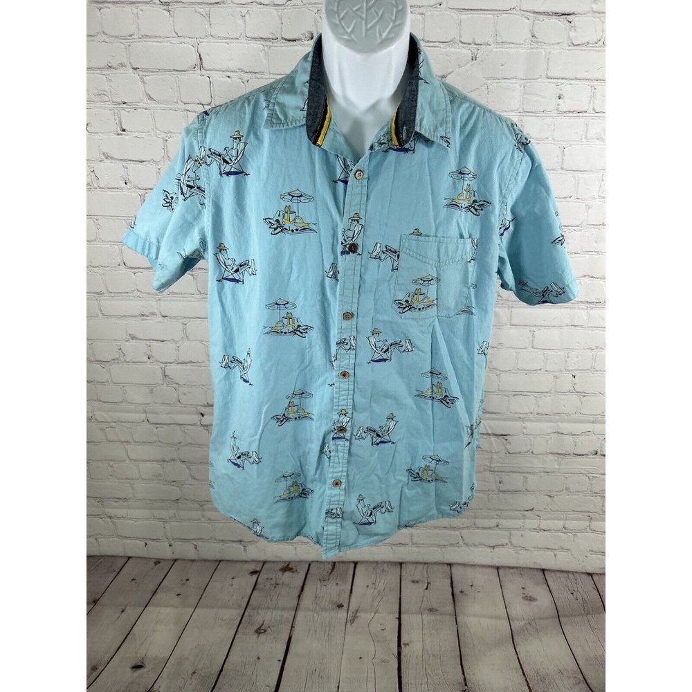 Ditch Plains Ricky Singh Blue Beach Themed Button Down Short Sleeve Shirt L